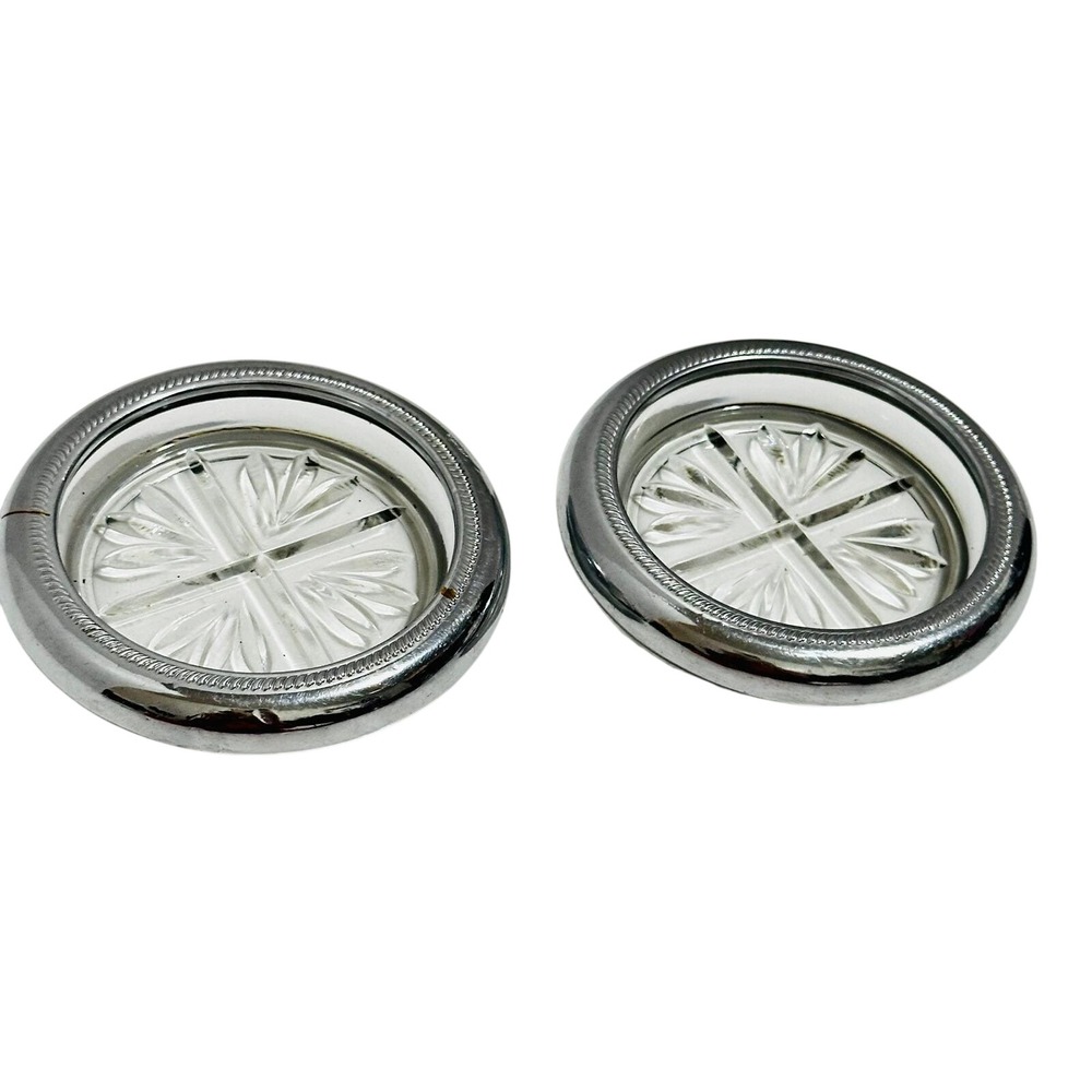 Coasters Set of 2 Silver Tone & Heavy Glass Vintage Starburst Glass Chrome Rim